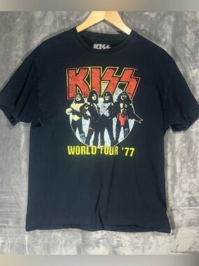 Kiss Black Tee with Red and Yellow Band Graphic